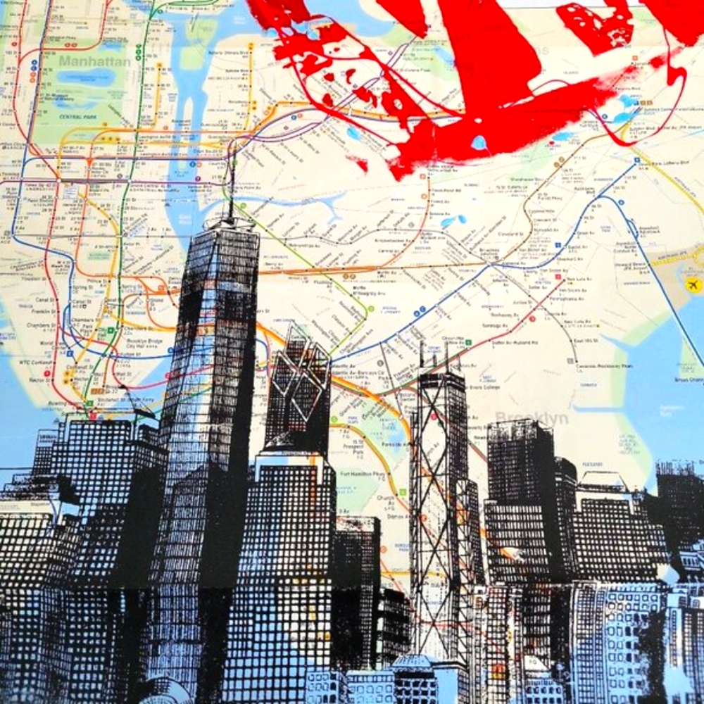 ❤ Handpainted I LOVE New York Skyline Acrylic Paint Artwork on a NYC Subway Map - Picture 6 of 11